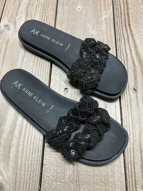Anne Klein Black Braided Sequin Slide Sandals